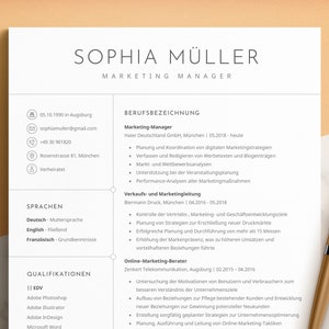 May include: A resume for Sophia Müller, a Marketing Manager. The resume lists her work experience, skills, and education. It includes her contact information, such as her email address and phone number.
