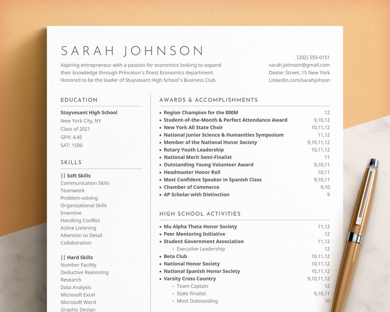 May include: A resume for Sarah Johnson, highlighting her education, skills, awards, and accomplishments. The resume includes information about her experience at Stuyvesant High School, her GPA, SAT score, and her involvement in various clubs and activities.