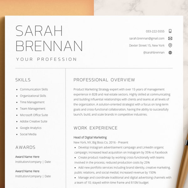 Resume Template Word & Pages, Google Docs Resume, CV Template, Modern Resume Template for Pages, Modern Executive Resume Template 2022