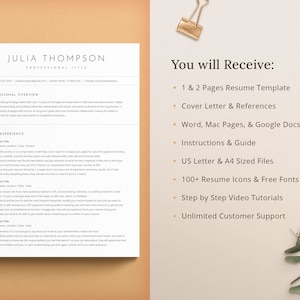 You will receive a one page resume and two page resume. Additionally, a cover letter, references template, resume writing guide, resume tutorials, icons and fonts. We are here to offer unlimited customer support.
