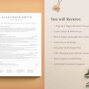 You will receive a one page ats resume, two page ats resume. Additionally, a cover letter, references template, ats resume writing guide, resume tutorials, icons and fonts. We are here to offer unlimited customer support.