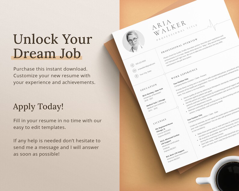 May include: A resume template with a professional overview, work experience, education, and licenses sections. The template is designed for a medical professional and features a heartbeat graphic.