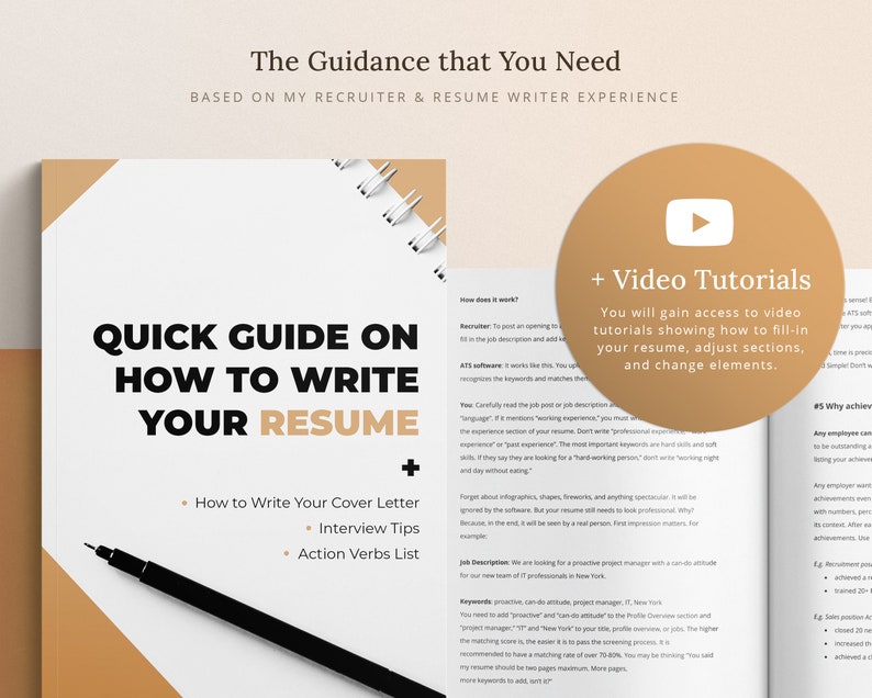 May include: A guide on how to write a resume with tips on cover letters, interview tips, and action verbs. The guide includes a play button icon and the text "Video Tutorials".