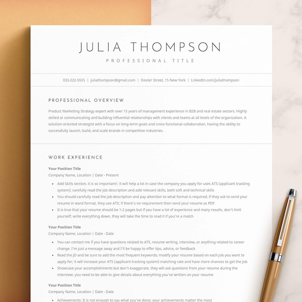 Minimalistische CV-sjabloon, professionele moderne CV-sjabloon Word, Mac-pagina's, Google Docs, CV-sjabloon, schone eenvoudige CV-sjabloon