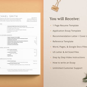 You will receive a resume template, application essay template, recommendation letter or cover letter, reference template. 

You can use it with Word, Pages, or Google Docs. 

We offer unlimited customer support for you.
