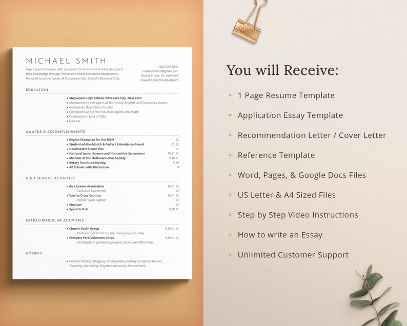 You will receive a resume template, application essay template, recommendation letter or cover letter, reference template. 

You can use it with Word, Pages, or Google Docs. 

We offer unlimited customer support for you.