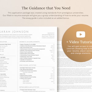 May include: A resume template with a play button icon and the text "Video Tutorials". The text "You will gain access to video tutorials showing how to fill-in your resume, adjust sections, and change elements." is below the play button. The resume template is for Sarah Johnson, an aspiring entrepreneur with a passion for economics. The resume includes sections for education, skills, awards and accomplishments, high school activities, extracurricular activities, and hobbies.