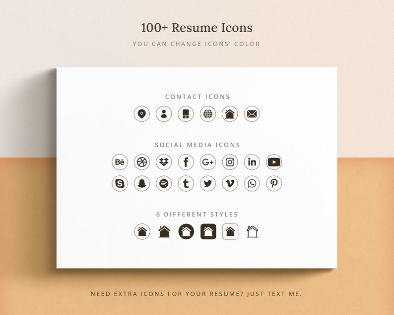 This resume template comes with resume icons, contact icons, social media icons, all in 6 different styles.