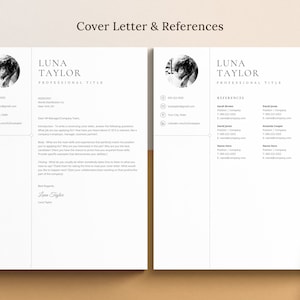 May include: A black and white cover letter and references page with the name Luna Taylor and a professional title. The cover letter includes a brief introduction and a request for the reader to answer a few questions. The references page lists three individuals with their names, positions, companies, phone numbers, and email addresses.