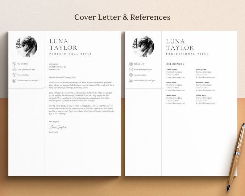 May include: A black and white cover letter and references page with the name Luna Taylor and a professional title. The cover letter includes a brief introduction and a request for the reader to answer a few questions. The references page lists three individuals with their names, positions, companies, phone numbers, and email addresses.