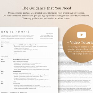 May include: A resume template with a play button icon and the text "Video Tutorials" in a yellow box. The text "You will gain access to video tutorials showing how to fill-in your resume, adjust sections, and change elements." is below the play button. The resume is for a person named Daniel Cooper. The resume includes sections for education, activities, and community involvement and service.