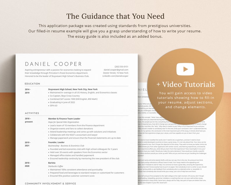 May include: A resume template with a play button icon and the text "Video Tutorials" in a yellow box. The text "You will gain access to video tutorials showing how to fill-in your resume, adjust sections, and change elements." is below the play button. The resume is for a person named Daniel Cooper. The resume includes sections for education, activities, and community involvement and service.