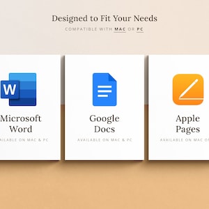 Pu&ograve; includere: Tre quadrati bianchi con icone blu, verdi e arancioni che rappresentano rispettivamente Microsoft Word, Google Docs e Apple Pages. Il testo sotto ogni icona indica il nome del programma e la sua disponibilit&agrave; su Mac e PC.