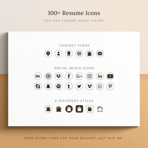 May include: A white sheet of paper with black text and icons. The text reads "100+ Resume Icons", "You can change icons' color", "Contact Icons", "Social Media Icons", "6 Different Styles", and "Need extra icons for your resume? Just text me.". The icons include a location pin, a person, a phone, a globe, a house, an envelope, a Behance logo, a basketball, a Dropbox logo, a Facebook logo, a Google Plus logo, an Instagram logo, a LinkedIn logo, a YouTube logo, a Snapchat logo, a Spotify logo, a Twitter logo, a Vimeo logo, a WhatsApp logo, and a Pinterest logo. There are also six different styles of house icons.