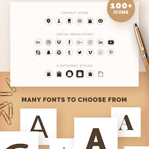 May include: A graphic design icons pack with over 100 icons. The icons are in a brown color and are displayed in a grid format. The icons include contact icons, social media icons, and 6 different styles of house icons. The text "MANY FONTS TO CHOOSE FROM" is displayed below the icons. The image also shows a variety of fonts in different styles.