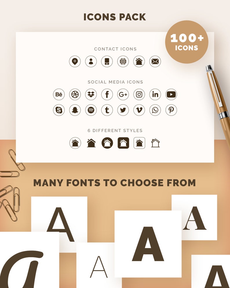 May include: A graphic design icons pack with over 100 icons. The icons are in a brown color and are displayed in a grid format. The icons include contact icons, social media icons, and 6 different styles of house icons. The text "MANY FONTS TO CHOOSE FROM" is displayed below the icons. The image also shows a variety of fonts in different styles.