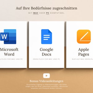 Op de afbeelding: Een grafiek met drie verschillende tekstverwerkingsprogramma's: Microsoft Word, Google Docs en Apple Pages. De grafiek staat op een lichtbruine achtergrond met de tekst "Auf Ihre Bed&uuml;rfnisse zugeschnitten" (Duits voor "Aangepast aan uw behoeften") en "MIT MAC ODER PC KOMPATIBEL" (Duits voor "Compatibel met Mac of PC") bovenaan. De grafiek bevat ook een afspeelknop met de tekst "Bonus-Videoanleitungen" (Duits voor "Bonus-video-instructies").