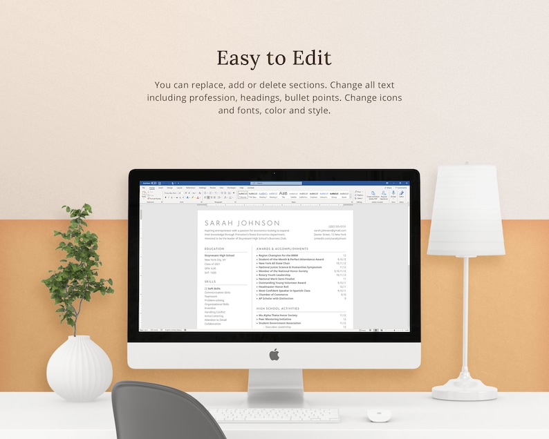 May include: A computer screen displaying a resume template in a word processing program. The resume is for Sarah Johnson and includes sections for work experience, skills, awards and activities, and education. The text "Easy to Edit" is displayed above the computer screen.