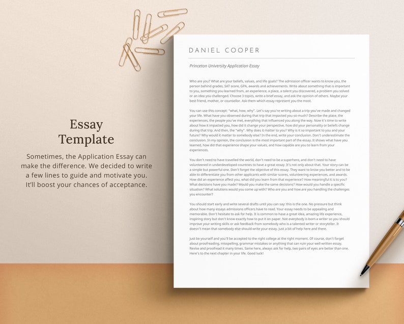 May include: A printable essay template with the title "Essay Template" and the text "Sometimes, the Application Essay can make the difference. We decided to write a few lines to guide and motivate you. It'll boost your chances of acceptance."  The template is designed to help students write a compelling essay for college applications.