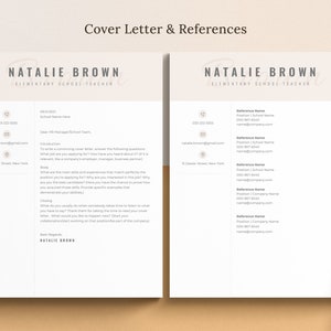 May include: A black and white resume template featuring the name Natalie Brown and the title Elementary School Teacher. The resume includes contact information, a cover letter, and a list of references.