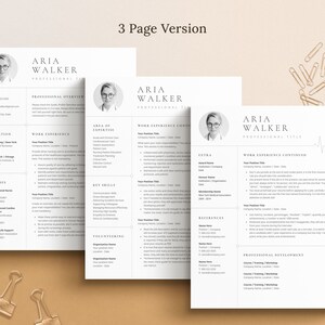 May include: A three-page resume template designed for a medical professional. The resume includes sections for education, work experience, area of expertise, key skills, volunteering, extra, references, and professional development. The resume is in a minimalist style with a black and white color scheme.