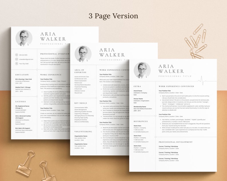 May include: A three-page resume template designed for a medical professional. The resume includes sections for education, work experience, area of expertise, key skills, volunteering, extra, references, and professional development. The resume is in a minimalist style with a black and white color scheme.