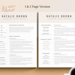 May include: A resume template for an elementary school teacher named Natalie Brown. The resume includes sections for professional overview, work experience, skills, education, certifications, technical skills, and references. The template is designed with a modern and minimalist aesthetic.
