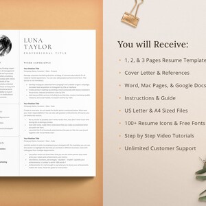 May include: A black and white resume template with the text "LUNA TAYLOR PROFESSIONAL TITLE" at the top. The resume template includes sections for summary, work experience, and education. The text "You will Receive:" is on the right side of the image with a list of items that are included in the resume template package.
