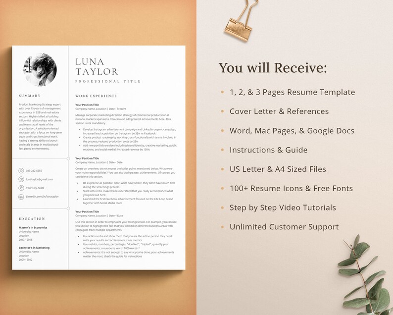 May include: A black and white resume template with the text "LUNA TAYLOR PROFESSIONAL TITLE" at the top. The resume template includes sections for summary, work experience, and education. The text "You will Receive:" is on the right side of the image with a list of items that are included in the resume template package.
