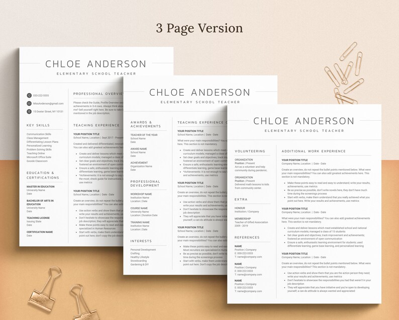 Pu&ograve; includere: Un modello di curriculum vitae su tre pagine per un'insegnante di scuola elementare di nome Chloe Anderson. Il curriculum vitae include sezioni per le competenze chiave, l'esperienza di insegnamento, i premi e i riconoscimenti, lo sviluppo professionale, il volontariato, l'esperienza lavorativa aggiuntiva e i riferimenti. Il curriculum vitae &egrave; progettato in uno stile minimalista con un layout pulito e moderno.