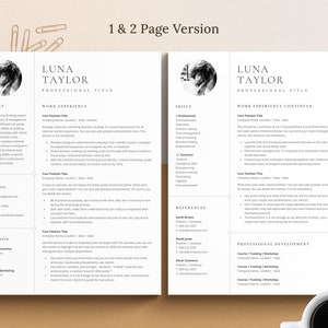 May include: A two-page resume template with a black and white photo of a woman at the top of each page. The resume is formatted with headings for Summary, Work Experience, Education, Skills, References, and Professional Development. The text on the resume is in a modern, sans-serif font.