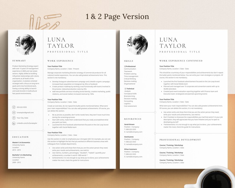 May include: A two-page resume template with a black and white photo of a woman at the top of each page. The resume is formatted with headings for Summary, Work Experience, Education, Skills, References, and Professional Development. The text on the resume is in a modern, sans-serif font.