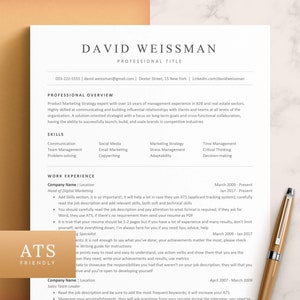 May include: A black and white resume template with the name "David Weissman" at the top. The resume includes a professional overview, skills, work experience, and a section for ATS friendly tips.