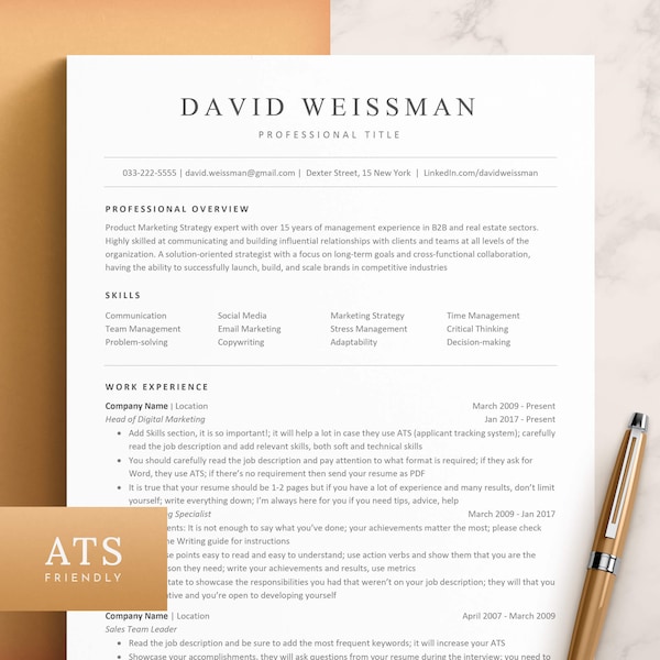 ATS CV-sjabloon Word, Pages, Google Docs, minimalistische ATS CV-sjabloon, modern executive CV, professioneel CV, eenvoudig eenvoudig CV