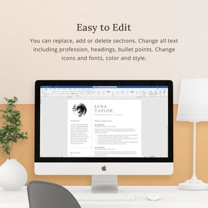 May include: A computer screen displaying a resume template with the name "Luna Taylor" at the top. The resume template is in a minimalist style with black and white text and a black and white abstract design in the top left corner.