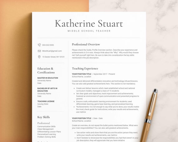 Teacher Resume Template Word, Pages, Google Docs | Teaching Resume, Resume Template CV Teacher Professional, High School Resume