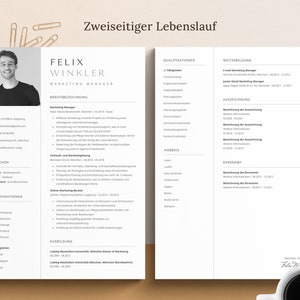 Op de afbeelding: Een zwart-witte cv-sjabloon met de naam Felix Winkler, Marketing Manager, bovenaan. De cv bevat secties voor werkervaring, opleiding, vaardigheden en hobby's.