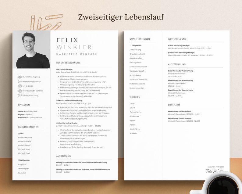 Op de afbeelding: Een zwart-witte cv-sjabloon met de naam Felix Winkler, Marketing Manager, bovenaan. De cv bevat secties voor werkervaring, opleiding, vaardigheden en hobby's.