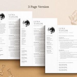 May include: A three-page resume template with a black and white portrait of a woman in the top corner of each page. The resume includes sections for summary, work experience, skills, education, extra, references, and professional development.