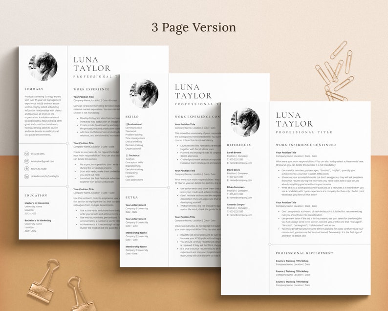May include: A three-page resume template with a black and white portrait of a woman in the top corner of each page. The resume includes sections for summary, work experience, skills, education, extra, references, and professional development.