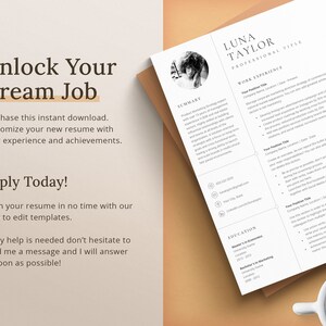 May include: A black and white resume template with the text "Unlock Your Dream Job" and "Apply Today!"  The template includes sections for a summary, work experience, and education.