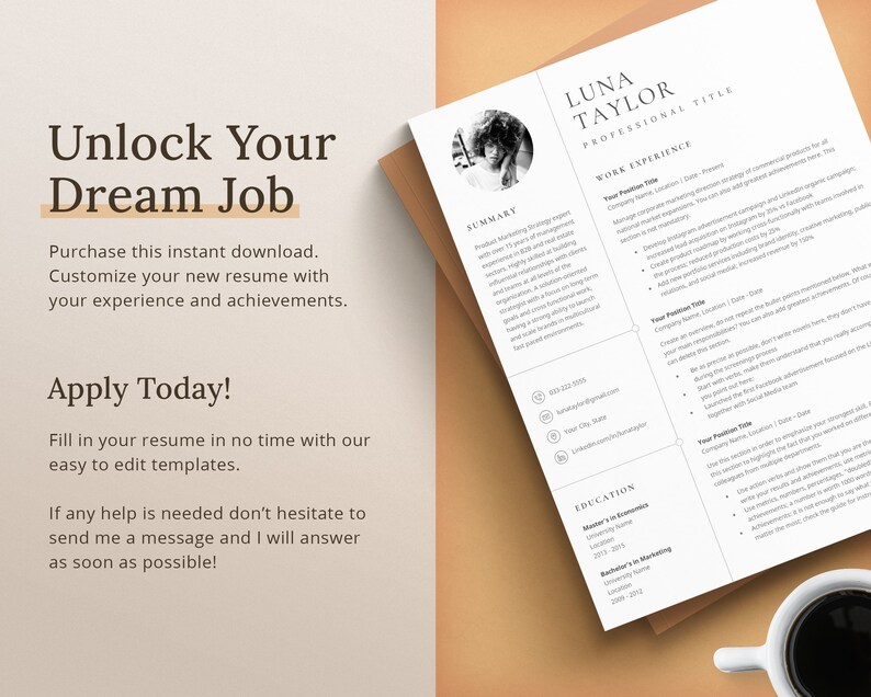 May include: A black and white resume template with the text "Unlock Your Dream Job" and "Apply Today!"  The template includes sections for a summary, work experience, and education.
