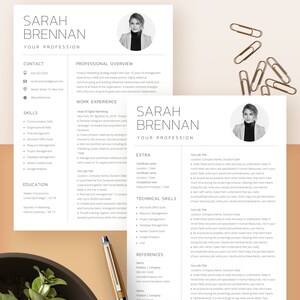 May include: A two-page resume with a professional headshot of a woman. The resume is for Sarah Brennan, who is a product marketing strategy expert with over 15 years of experience in the real estate sector. The resume includes a contact section, skills, work experience, education, technical skills, references, and an extra section.