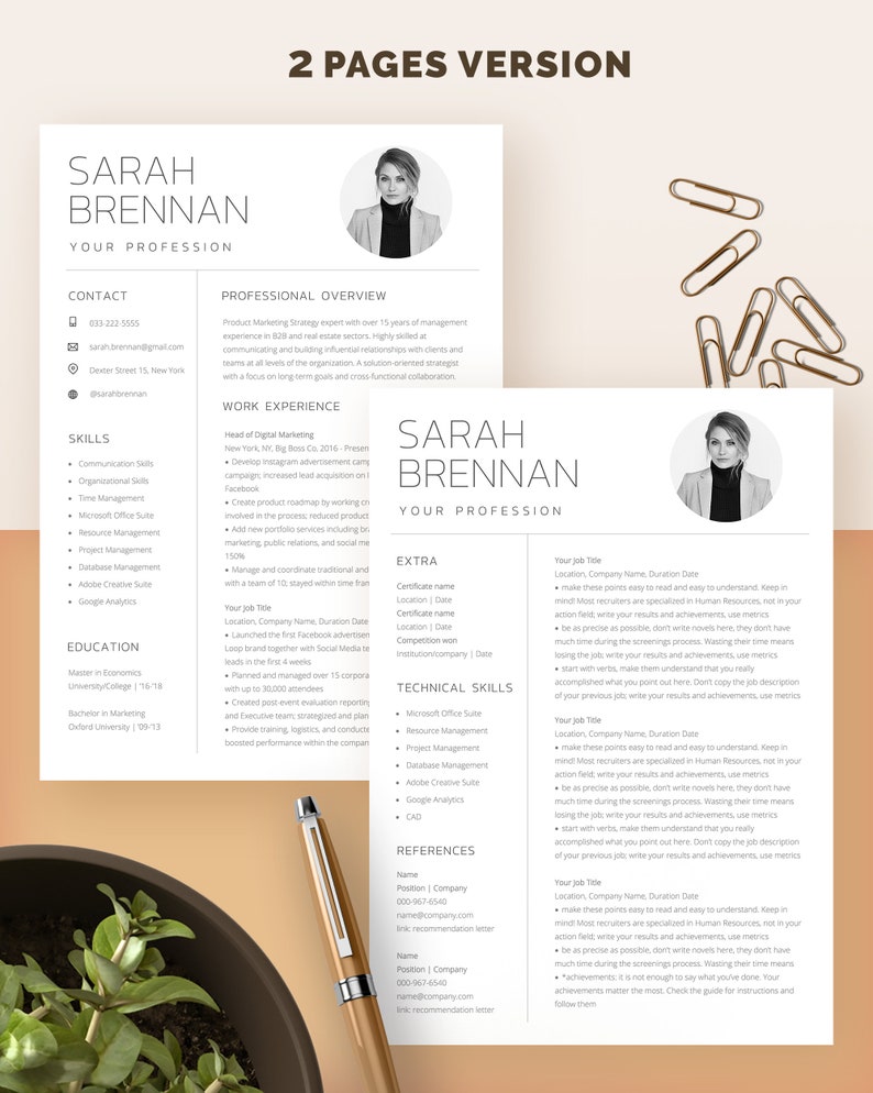 May include: A two-page resume with a professional headshot of a woman. The resume is for Sarah Brennan, who is a product marketing strategy expert with over 15 years of experience in the real estate sector. The resume includes a contact section, skills, work experience, education, technical skills, references, and an extra section.