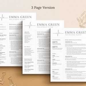 May include: A three-page resume template for a registered nurse named Emma Green. The resume includes sections for professional overview, education, licenses and certifications, work experience, area of expertise, key skills, professional development, volunteering, extra, and references.