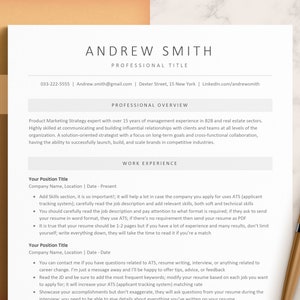 May include: A resume template with the title "Andrew Smith" and the text "ATS Friendly" in the top left corner. The resume includes a professional overview, work experience, and tips for writing a resume that is ATS friendly.