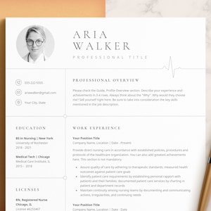 May include: A resume template for a nurse with a professional headshot, contact information, education, work experience, and licenses. The resume is designed with a modern, minimalist aesthetic.