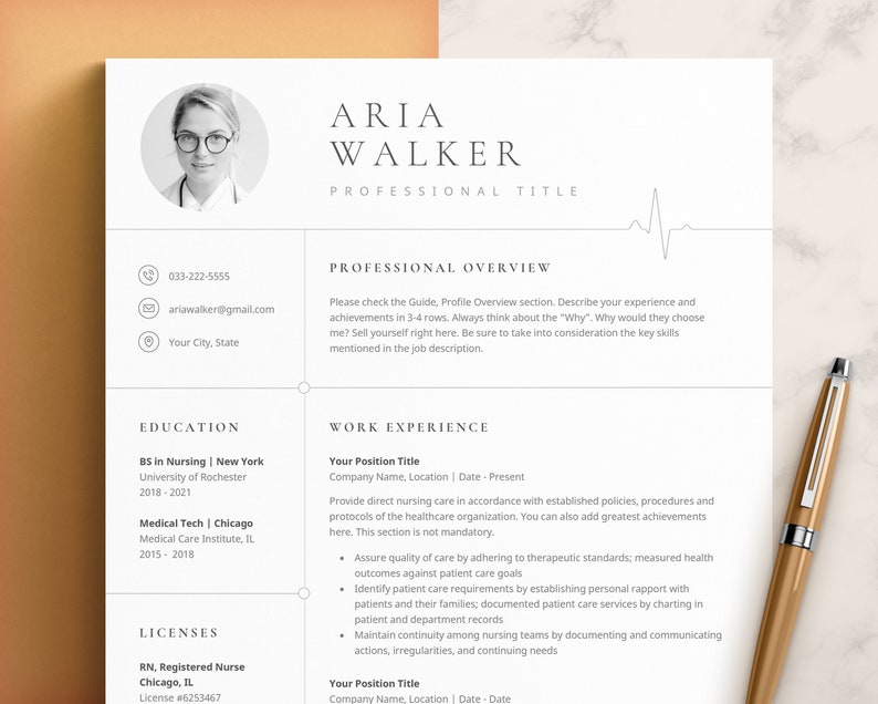 May include: A resume template for a nurse with a professional headshot, contact information, education, work experience, and licenses. The resume is designed with a modern, minimalist aesthetic.