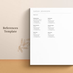May include: A white resume template with the title "References Template" and a list of references with names, positions, and contact information.