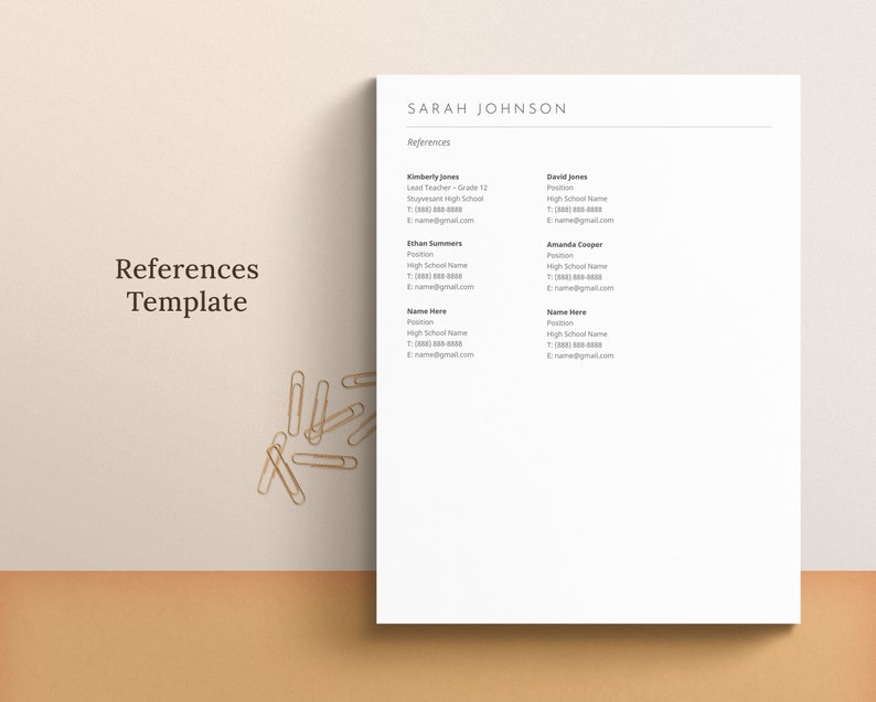 May include: A white resume template with the title "References Template" and a list of references with names, positions, and contact information.
